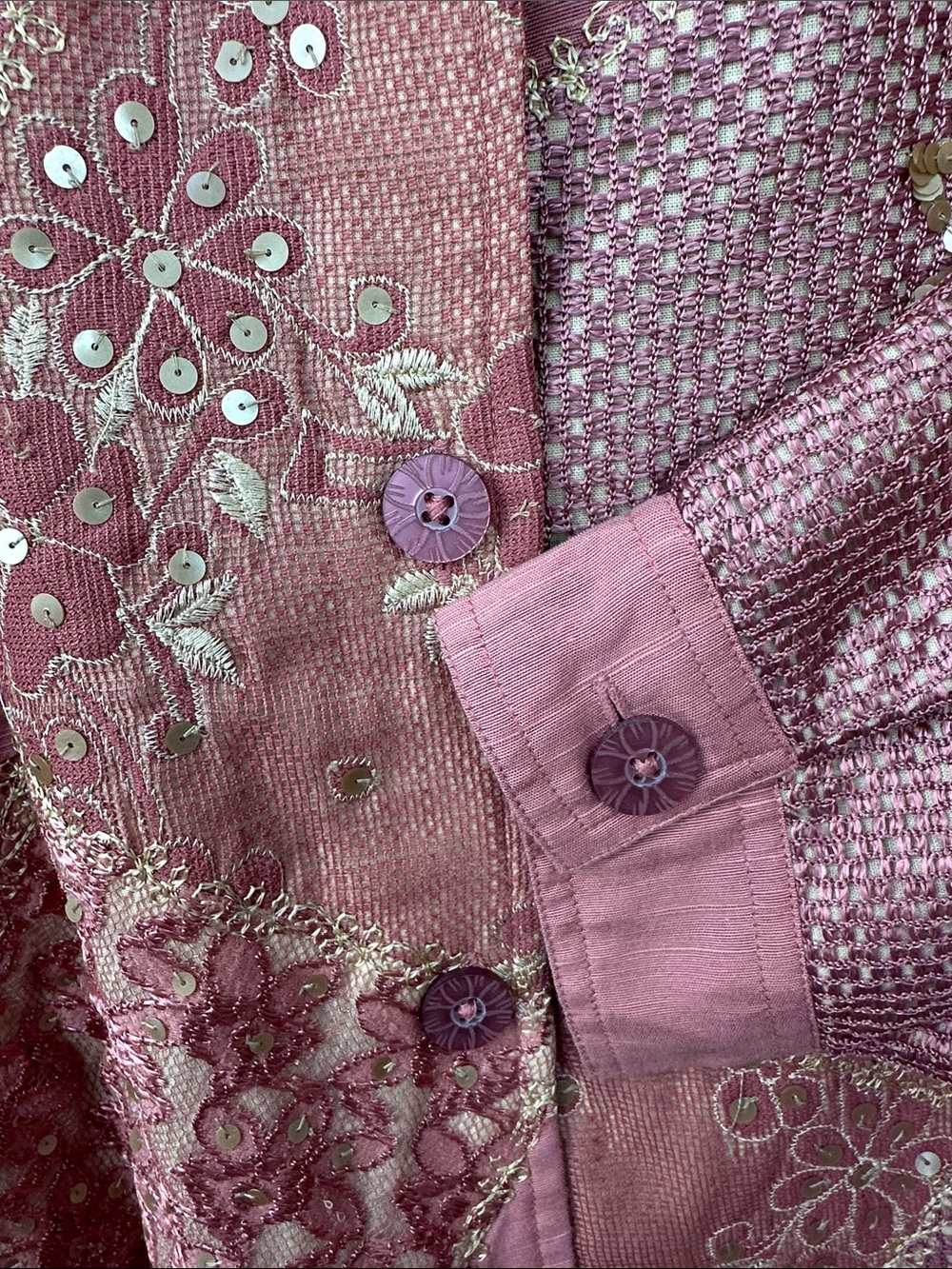 Vintage Indigo Moon Pink Gold Sequin Patchwork Art To Wear Jacket - Picture 7 of 11